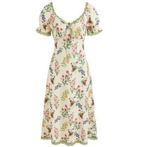 Cider Midi Dress Strawberry Blueberry Floral Lace Romantic Beige Green S